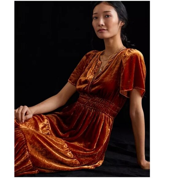Anthropologie Somerset Velvet Maxi Dress size XS copper orange yellow honey tier - Picture 4 of 11
